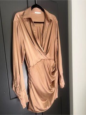 Pookie & Sebastian Satin Shirt Dress in Dusty Tan